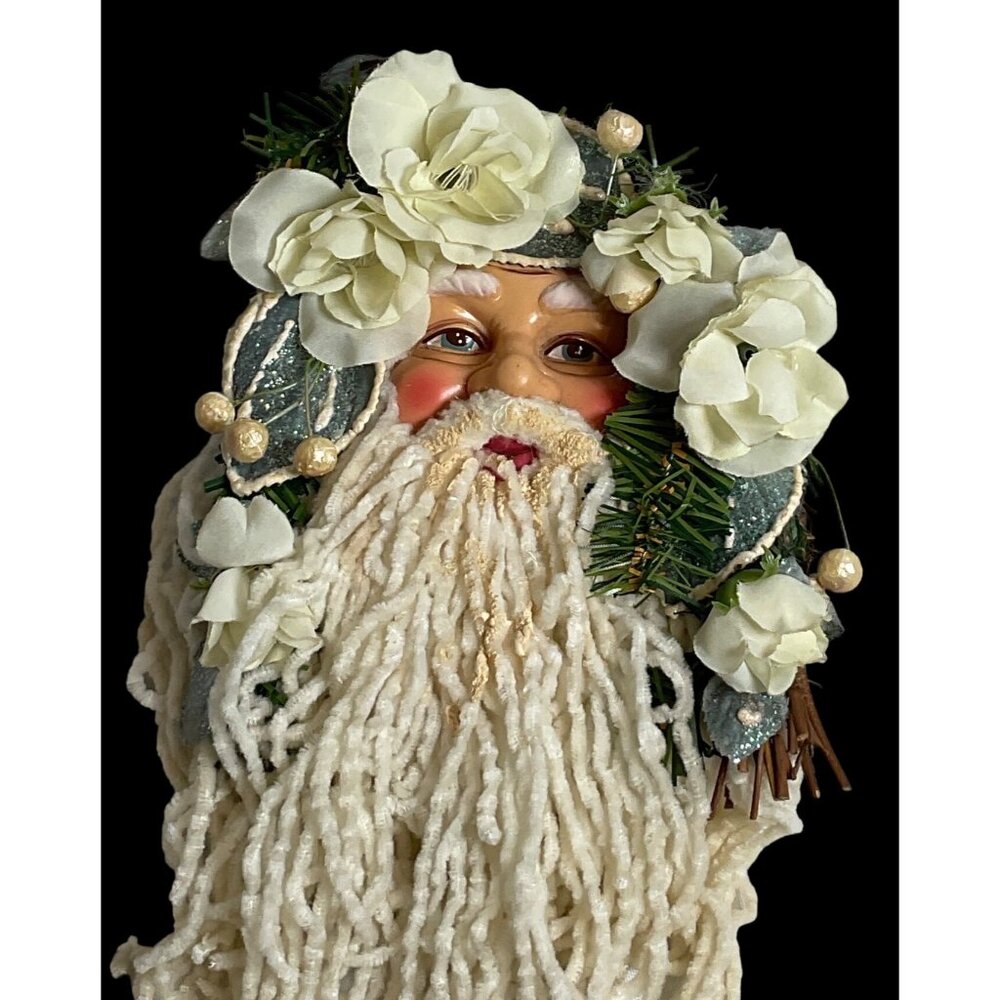 Vtg. Handmade Santa Claus Face Christmas Wreath Decor White Flowers Yarn Beard - Picture 4 of 6